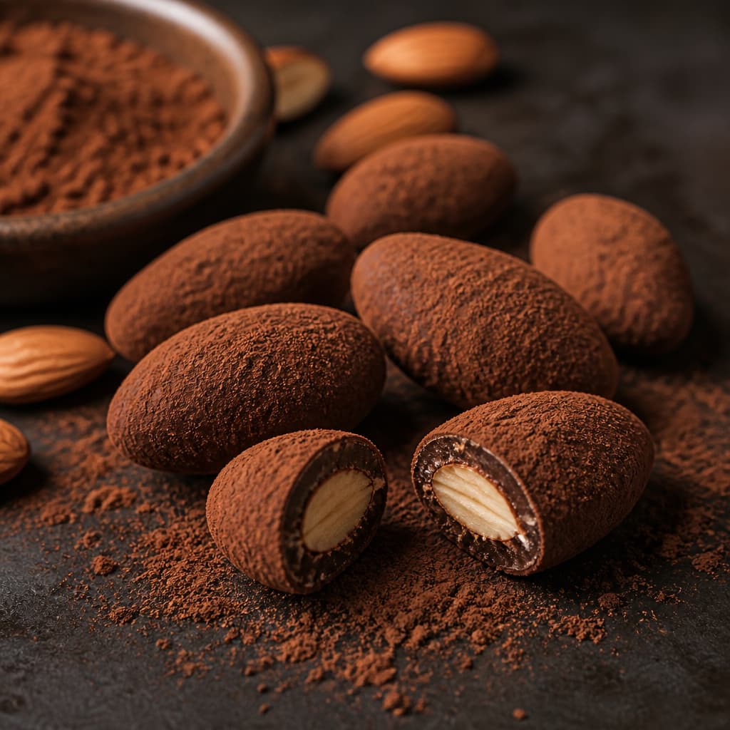 Almendras bañadas en chocolate negro y cacao preparada como receta RAIAN