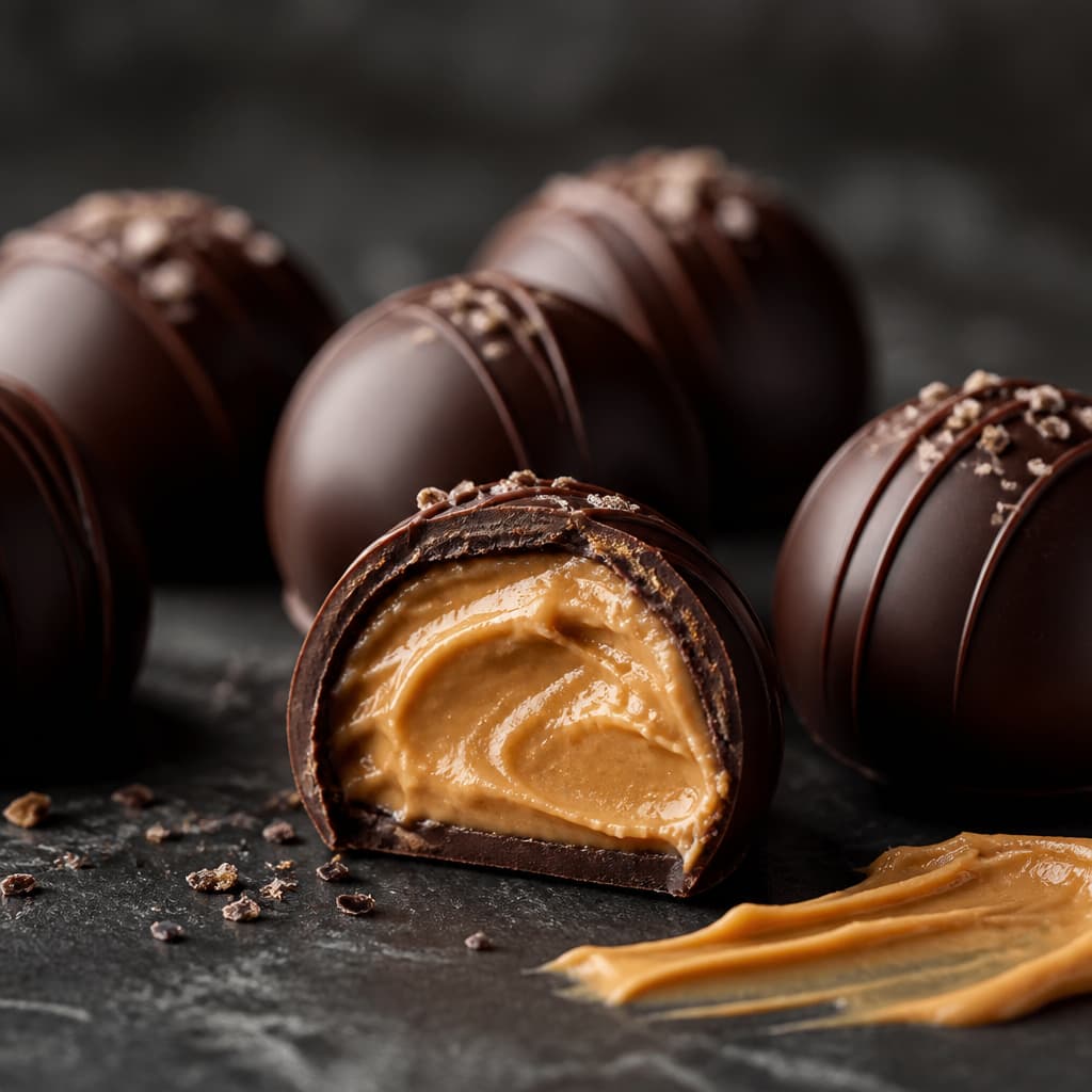Bombones de chocolate negro rellenos de crema de cacahuete preparada como receta RAIAN