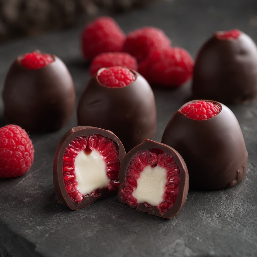 Frambuesas rellenas de chocolate blanco y cubiertas de negro preparada como receta RAIAN