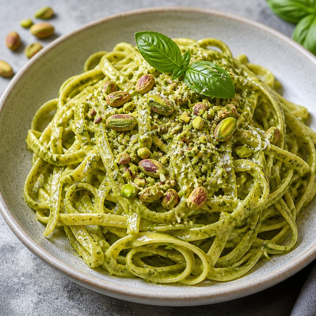 Pesto de pistacho con pasta fresca preparada como receta RAIAN