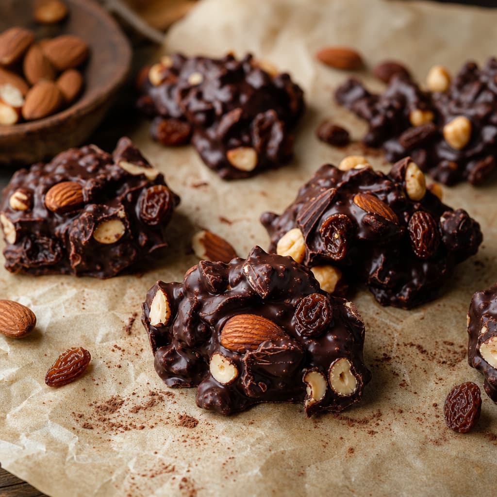 Rocas de chocolate negro con frutos secos preparada como receta RAIAN