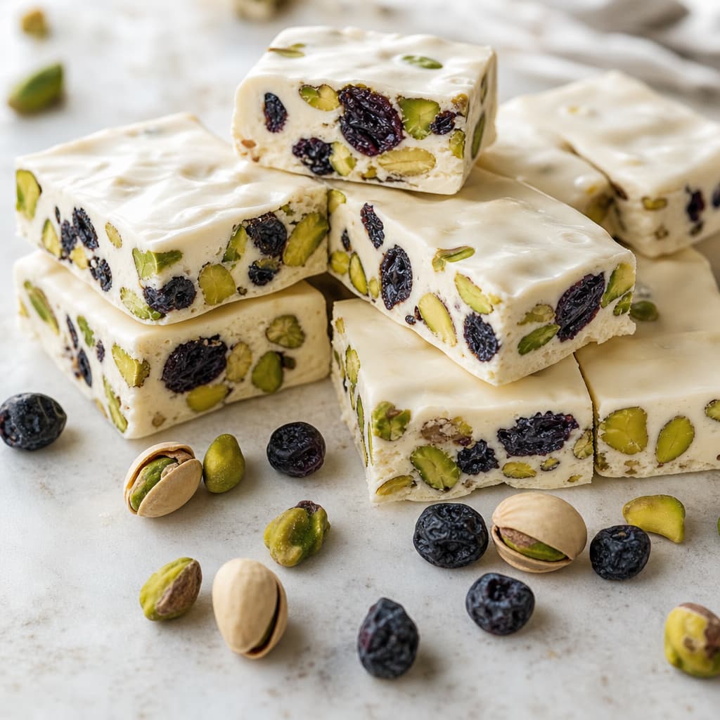 Turrón de chocolate blanco, arándanos y pistacho preparada como receta RAIAN