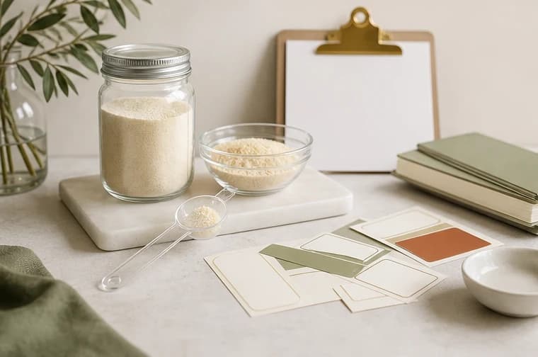 Ficha informativa junto a muestra de ingrediente alimentario