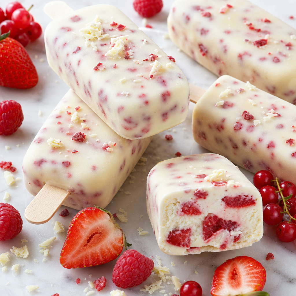 Barritas heladas de yogur, frutos rojos y chocolate blanco preparada como receta RAIAN