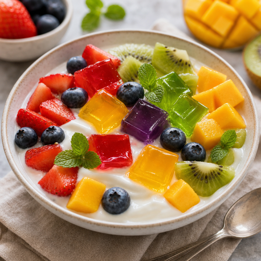 Cubos de gelatina para bowls de yogur preparada como receta RAIAN