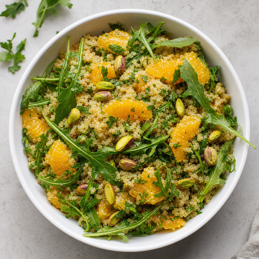 Ensalada de quinoa con pistacho, naranja y rúcula preparada como receta RAIAN