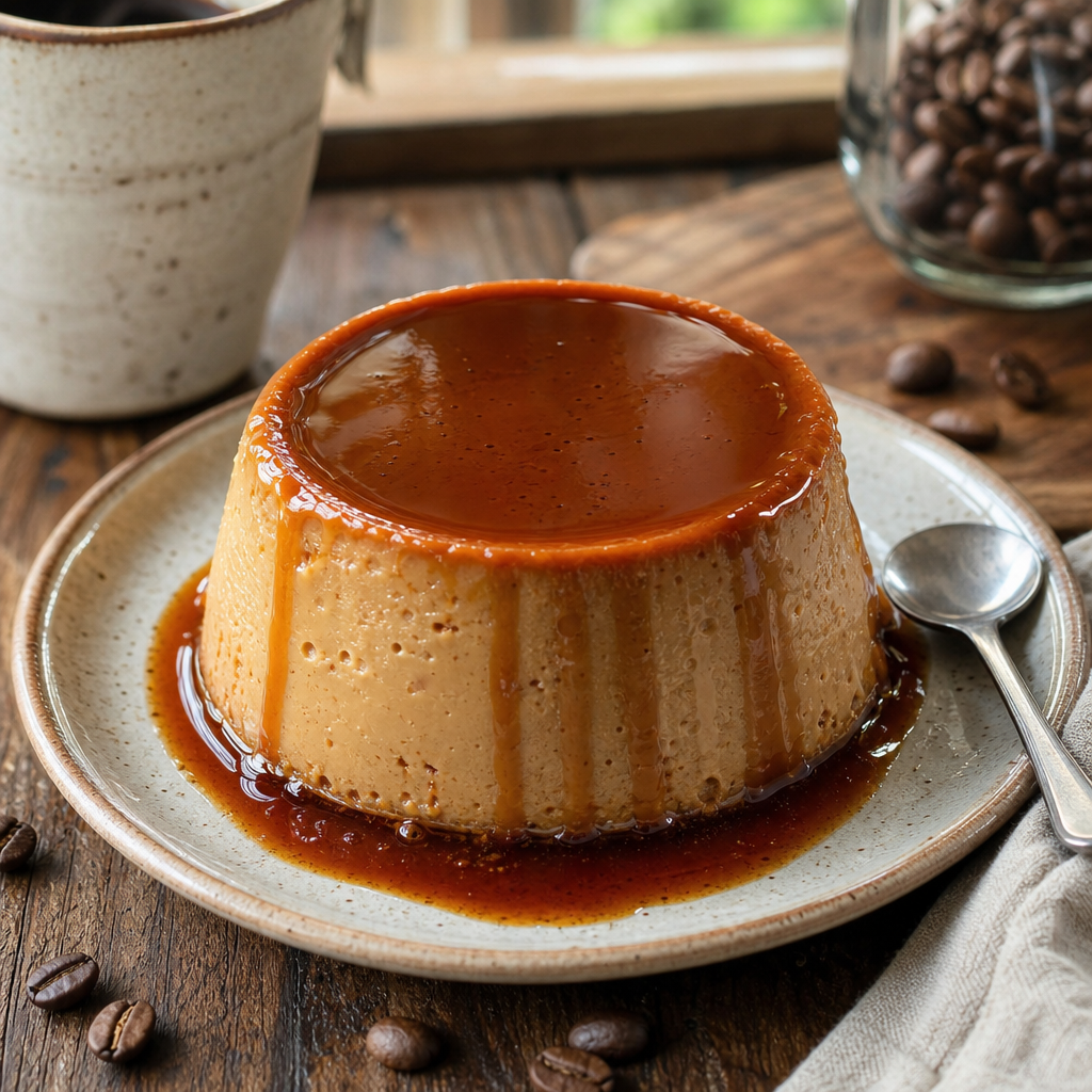 Flan casero frío de café con leche preparada como receta RAIAN