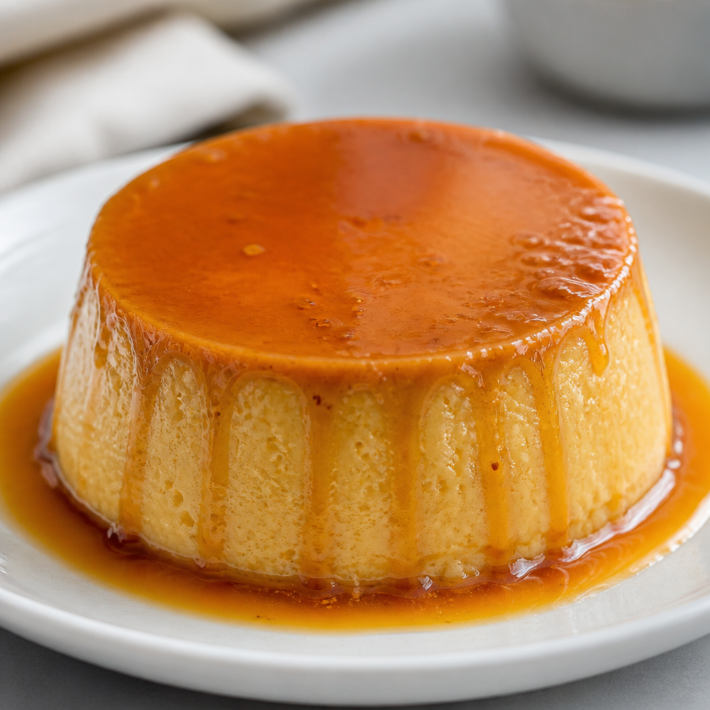 Flan de vainilla con caramelo casero preparada como receta RAIAN