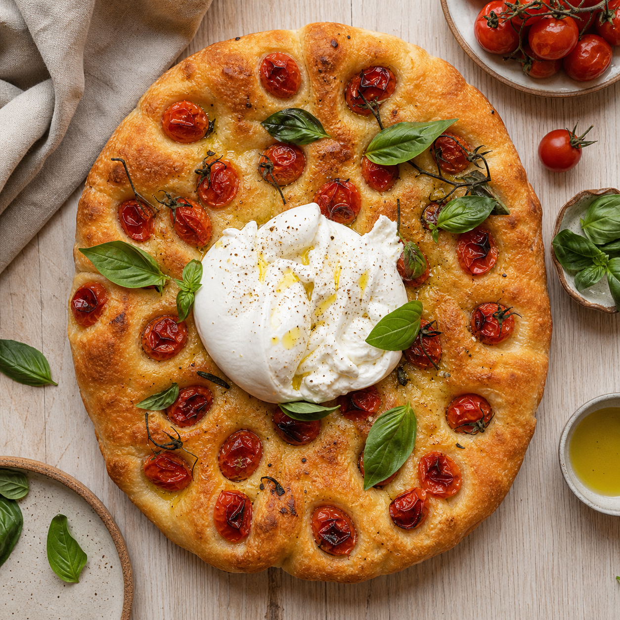 Focaccia gourmet de tomates cherry y burrata preparada como receta RAIAN