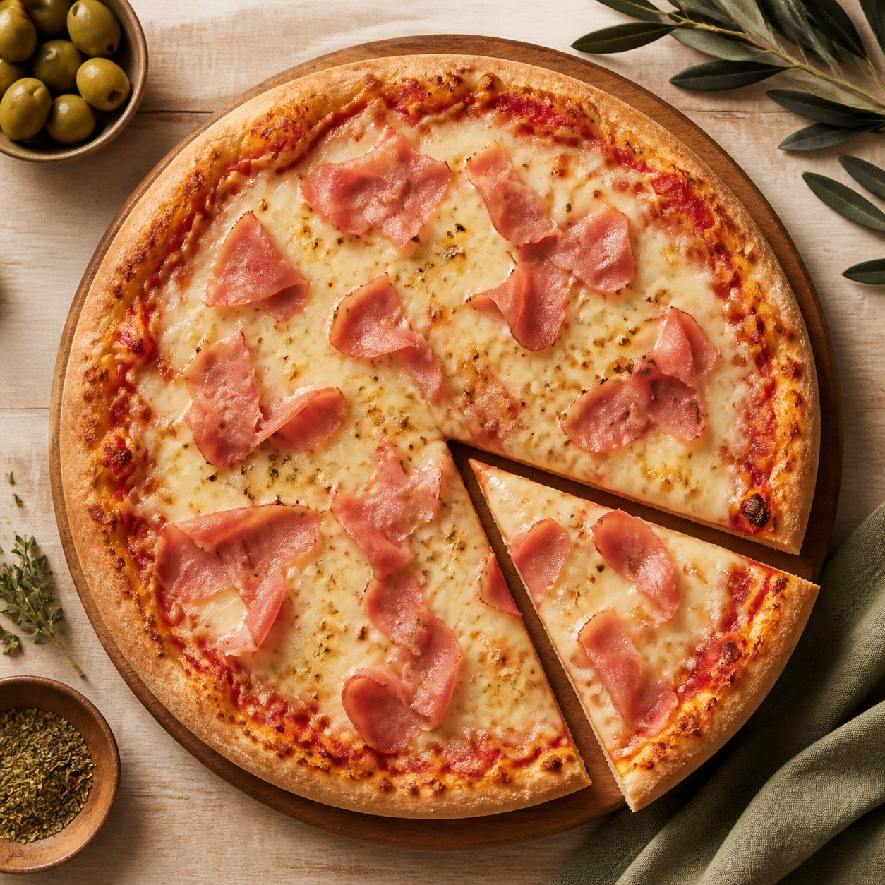 Pizza casera clásica de jamón y queso preparada como receta RAIAN
