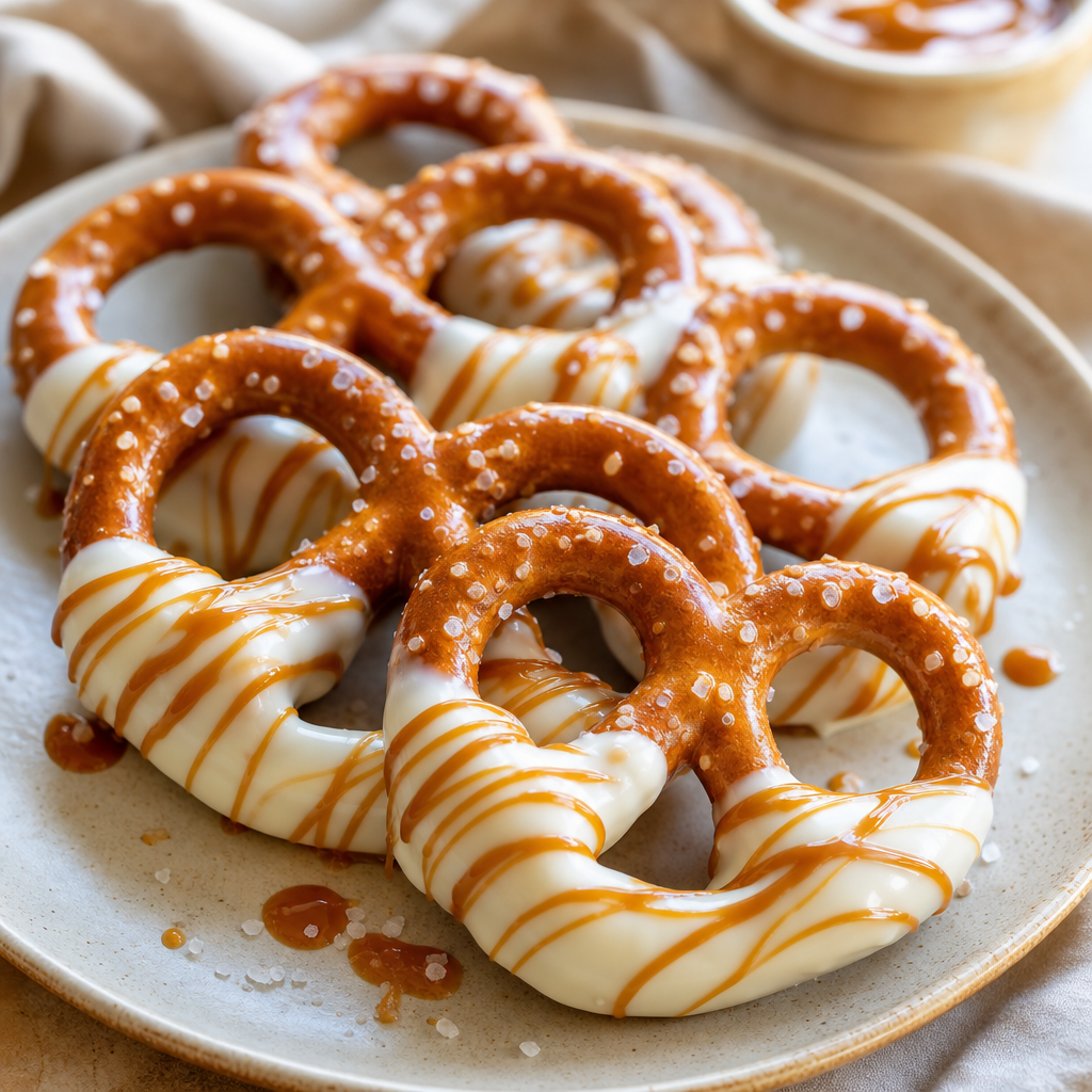 Pretzels con chocolate blanco y caramelo preparada como receta RAIAN