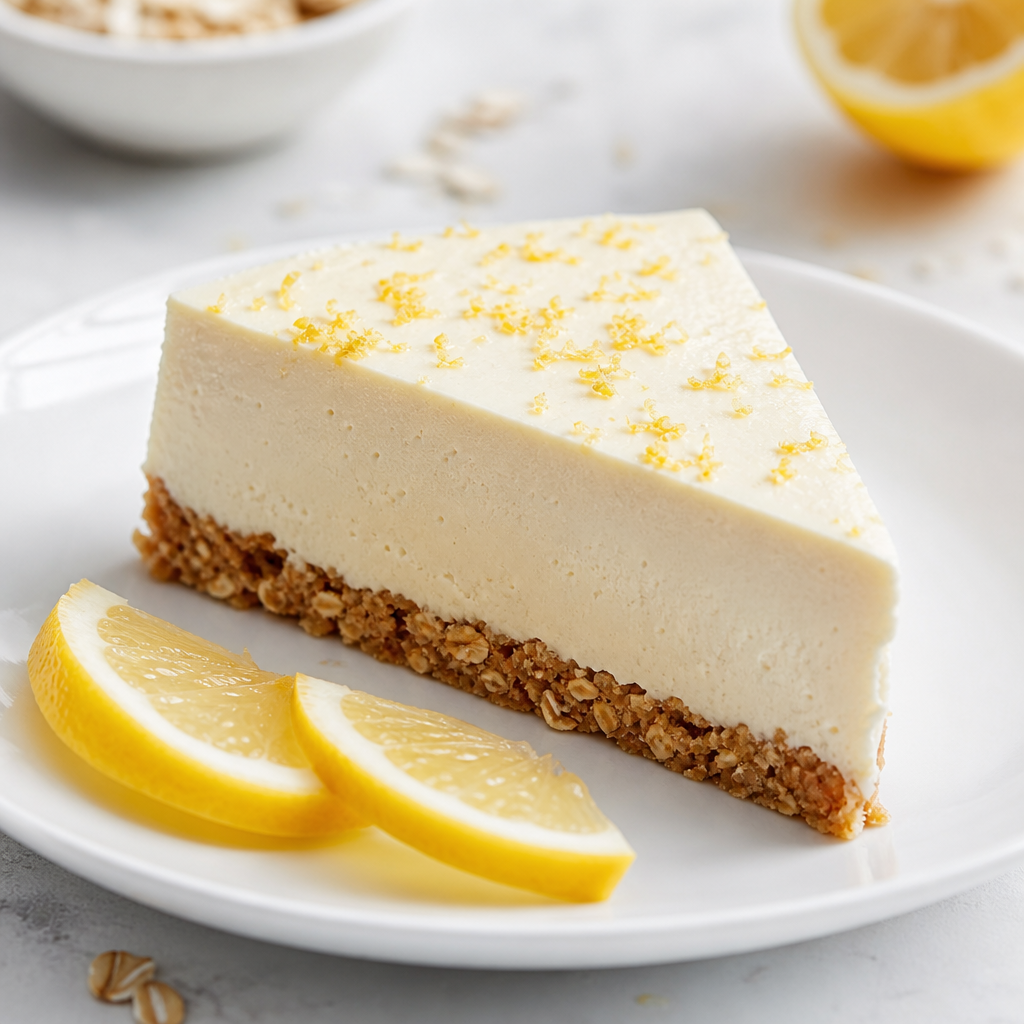 Tarta fría fitness de queso batido, limón y avena preparada como receta RAIAN