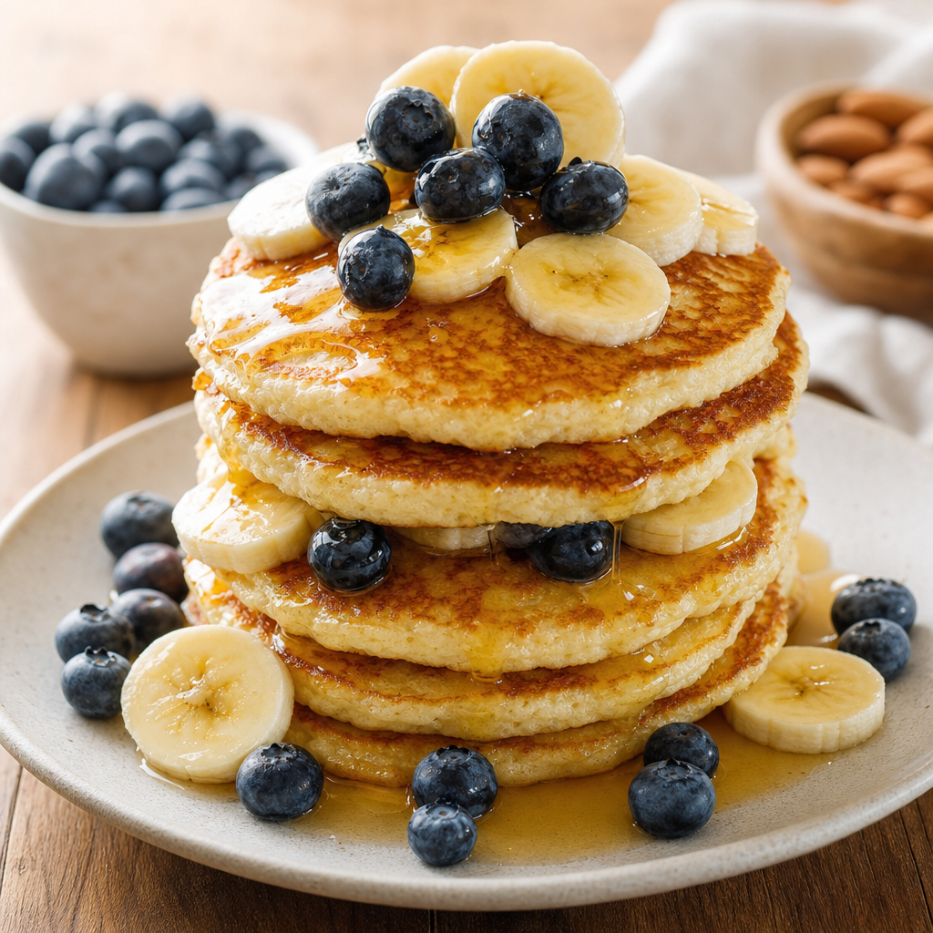 Tortitas de harina de almendra con plátano y arándanos preparada como receta RAIAN
