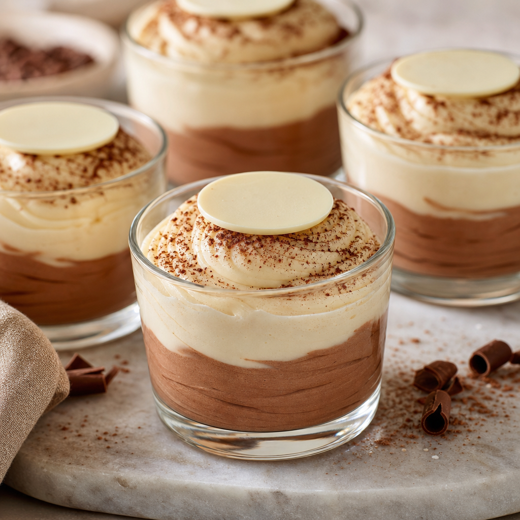 Vasitos de mousse con disco de chocolate blanco preparada como receta RAIAN