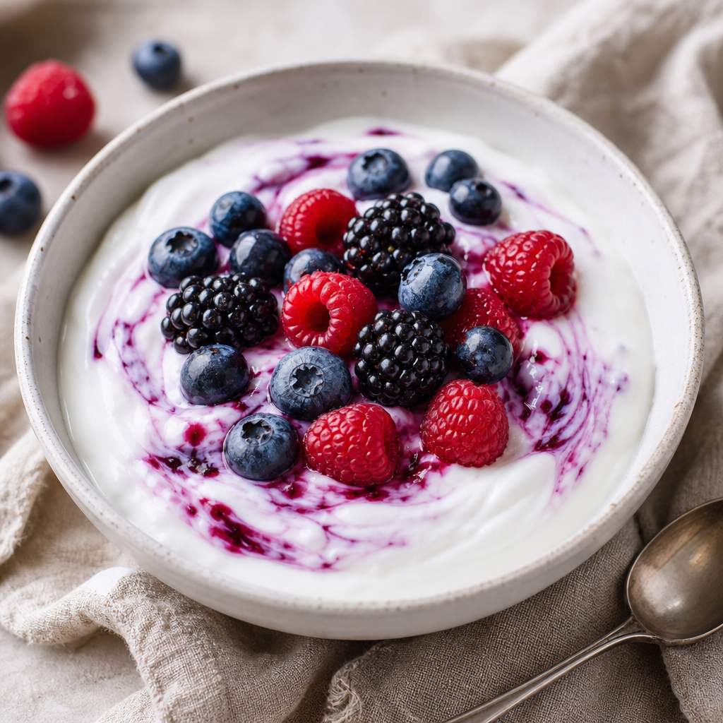 Yogur casero enriquecido con inulina de agave y frutas del bosque preparada como receta RAIAN